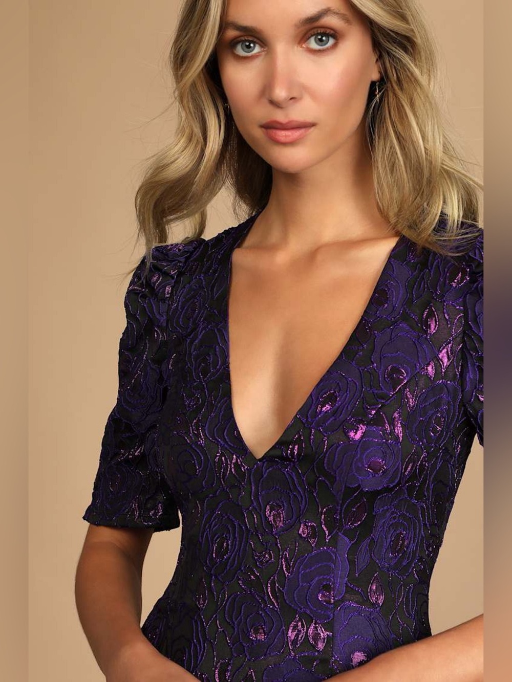 NWT Lulus Extravagant Party Shiny Purple Floral Jacquard Bodycon Dress Size Smal - Picture 2 of 12